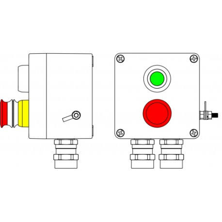 2231.031.19.050 | Пост управления Ex из GRP: 1Ex d e IIC T6 Gb X / Ex tb IIIB T80°C Db X / IP66: Аварийная кнопка красная, 1NC/1NO -1 шт.: КнопкаЗеленая, 1NC/1NO -1 шт.: С:ввод D5,5-13мм под бронированный кабель Ni -2 шт.