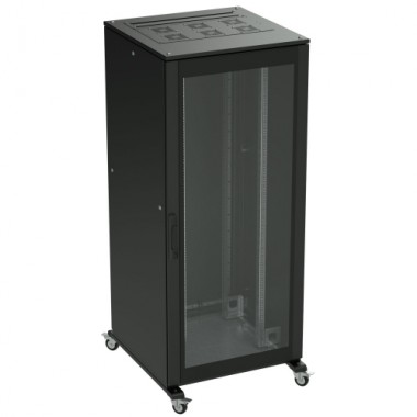 R5IT2466GSB | Напольный шкаф 24U 600х600 двери стекло/сплошная, укомплектован вводом и заглушками RAL 9005