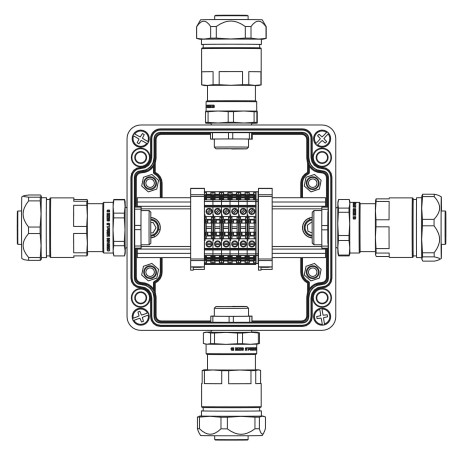 1231.031.19.02F | Коробка клеммная Ex из GRP: 1Ex e IIC T5 Gb IP66: Ex tb IIIB T95C Db:Клеммы 2,5 кв.мм. -6 шт.: А-B-C-D: ввод D8-13мм под небронированныйкабель в металлорукаве Dt20мм. Ni -4 шт.