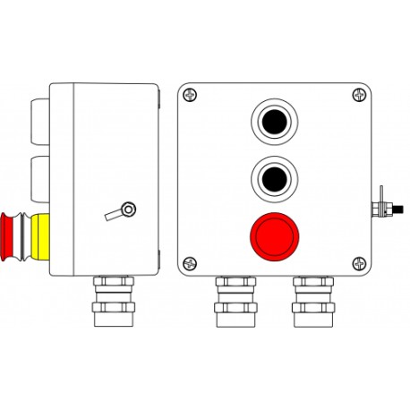2231.051.19.00T | Пост управления Ex из GRP: 1Ex d e IIC T6 Gb X / Ex tb IIIB T80°C Db X / IP66: Аварийная кнопка красная, 1NC/1NO -1 шт.: Кнопкачерная,1NC/1NO -2 шт.: С:ввод D5,5-13мм под бронированный кабель Ni -2 шт.
