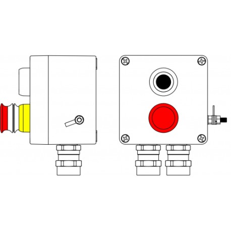 2231.031.19.04Y | Пост управления Ex из GRP: 1Ex d e IIC T6 Gb X / Ex tb IIIB T80°C Db X / IP66: Аварийная кнопка красная, 1NC/1NO -1 шт.: Кнопкачерная, 1NC/1NO - 1 шт.: C: ввод D5,5-13мм под бронированный кабельNi -2 шт.