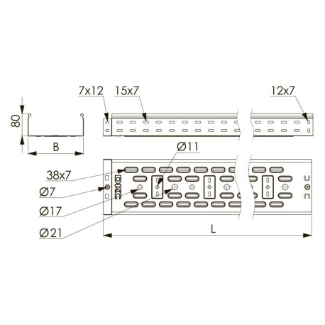 35318ZL | Лоток перфорированный 600х80, L=2000, 1.0мм, цинк-ламельное-1