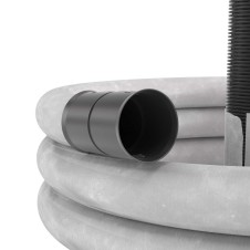 Двустенная труба ПНД гибкая дренажная д.200мм с геофильтром, SN8, перфорация 360 град., в бухте 35м, цвет черный