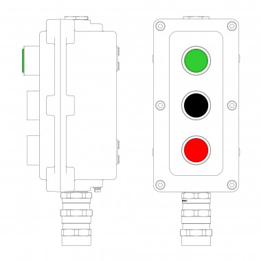 LCSD21000105 | Взрывонепроницаемый пост управления из алюминия LCSD-03-B-MB-L1G(220)x1-P1B(11)x1-P1R(11)x1-PBMB-KA2MHK / 1Ex d IIB T5 Gb / Ex tb IIIC T95°С Db IP66