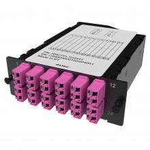 Претерминированная кассета 24ОВ 50/125 OM4, 2xMTP(12)f/12xLC Duplex (с интегрированными шторками), 1 HU