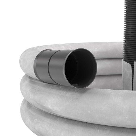 141912A | Двустенная труба ПНД гибкая дренажная д.125мм с геофильтром, SN6, перфорация 360 град., в бухте 40м, цвет черный